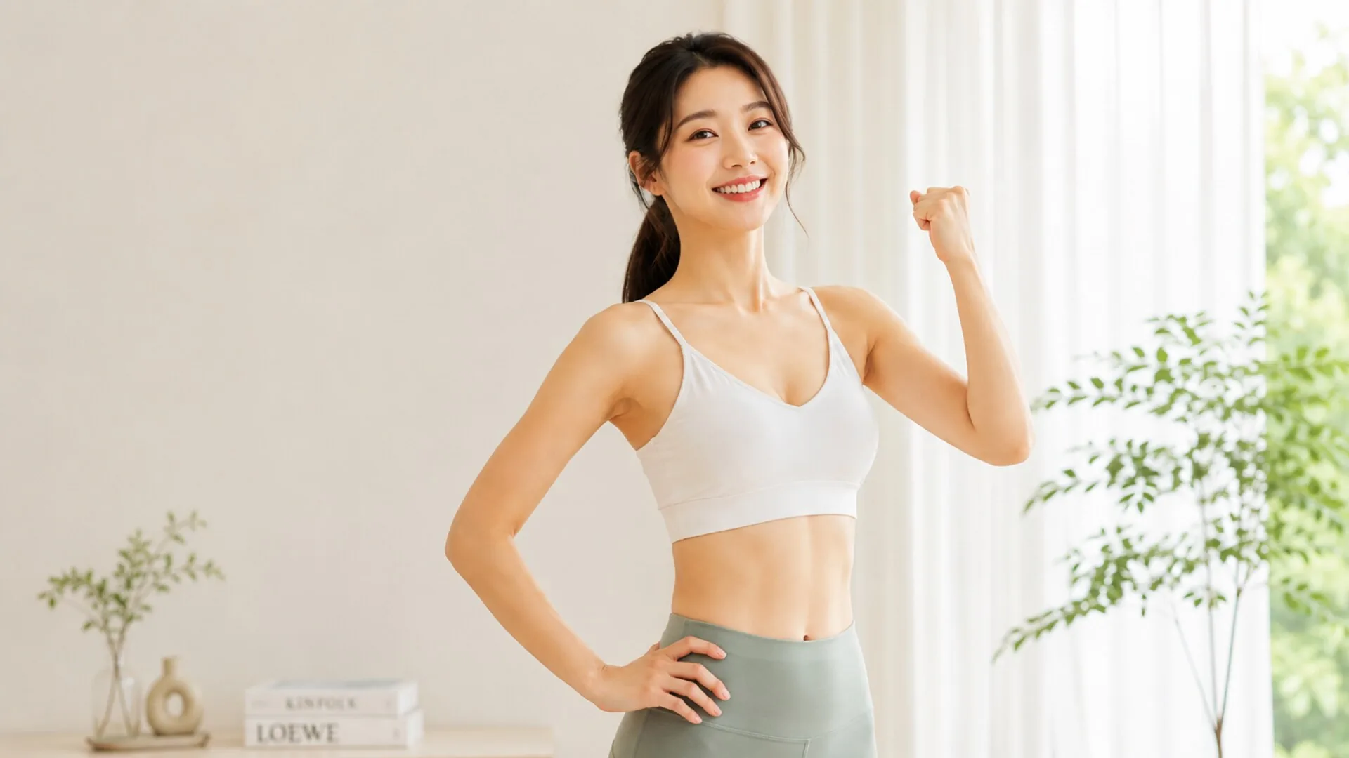 밝은 실내에서 팔을 들어 보이며 환하게 웃고 있는 여성