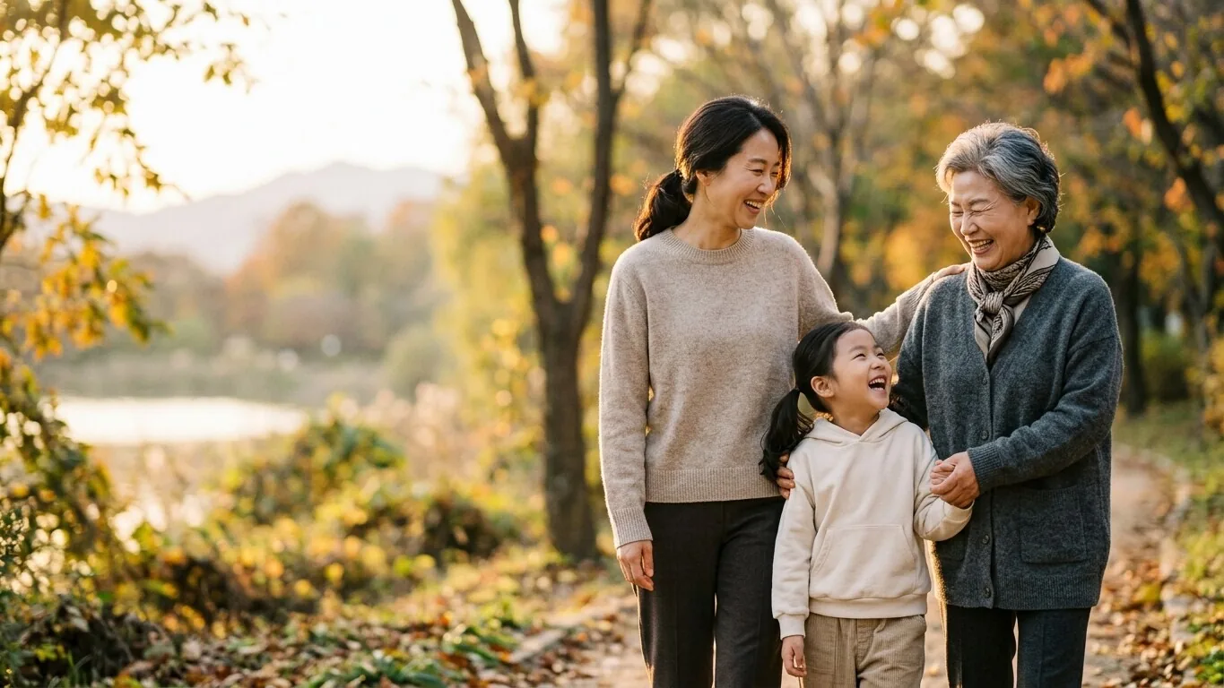 가을 산책길에서 손을 잡고 웃으며 걷는 삼대 가족